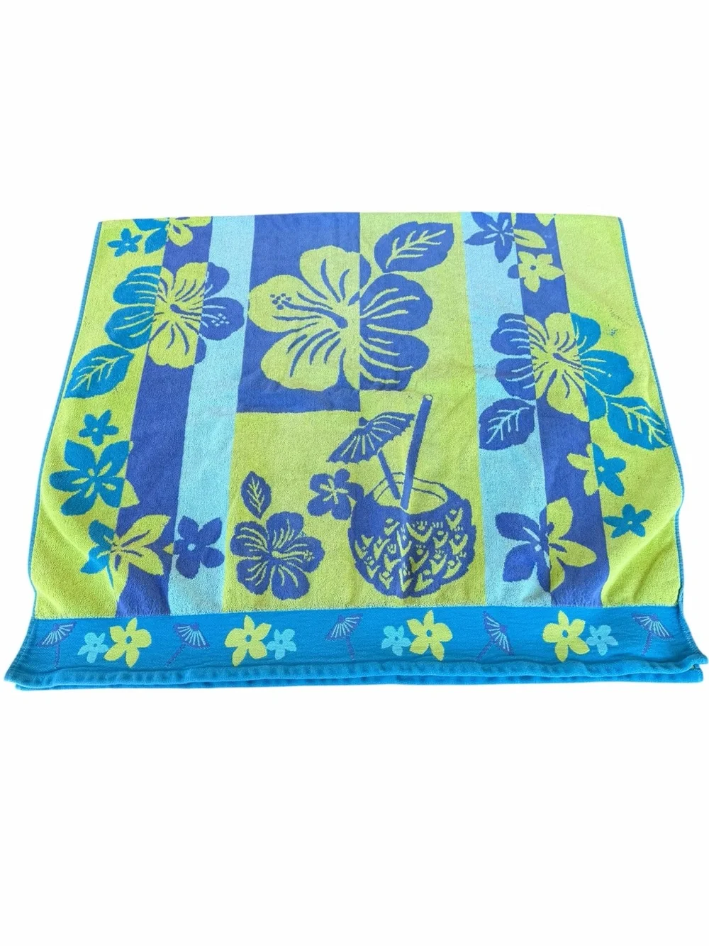 Kirkland Hawaiian Tiki Hibiscus Egyptian Cotton Lrg Beach Towel Blue Green 36x66